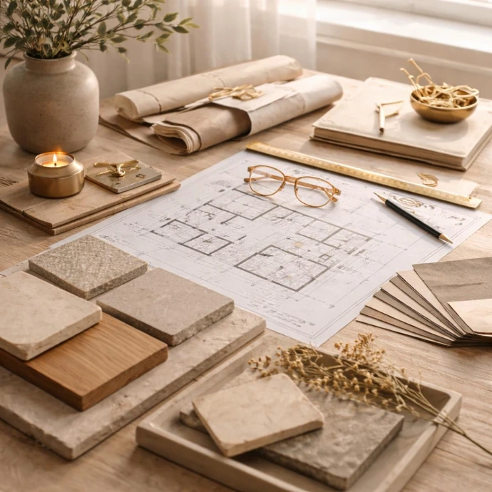 Étude d'aménagement intérieur avec plans, échantillons de matériaux et sélection de finitions